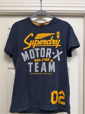 Superdry Navy Short Sleeve Motor-X Team Graphic Tee with Yellow Accents